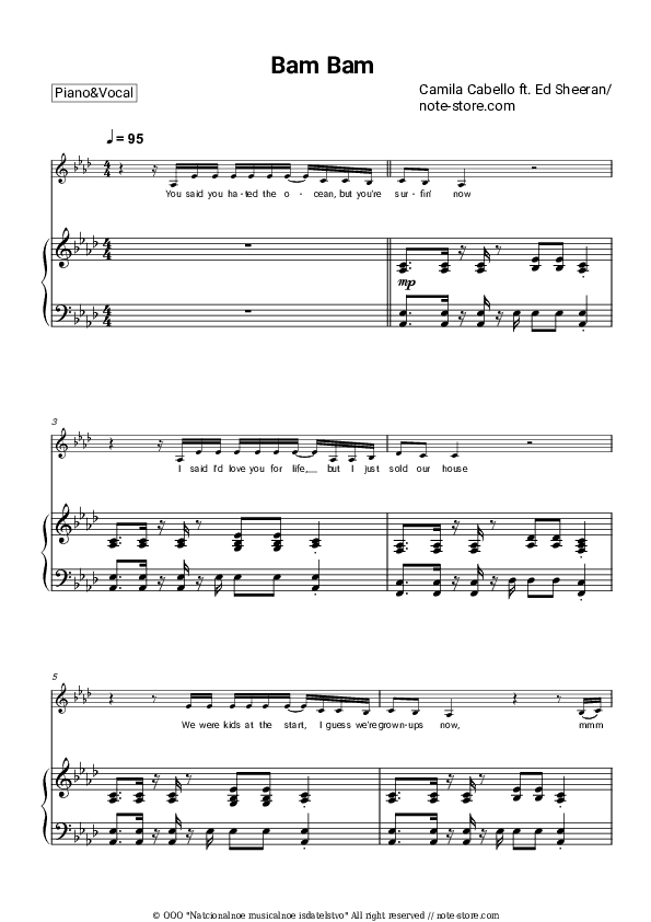 Bam Bam - Camila Cabello, Ed Sheeran Piano Sheet Music with the Voice part - Piano&Vocal