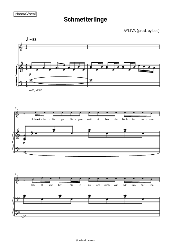 Schmetterlinge - AYLIVA Piano Sheet Music with the Voice part - Piano&Vocal