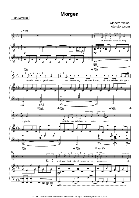 Morgen - Wincent Weiss Piano Sheet Music with the Voice part - Piano&Vocal